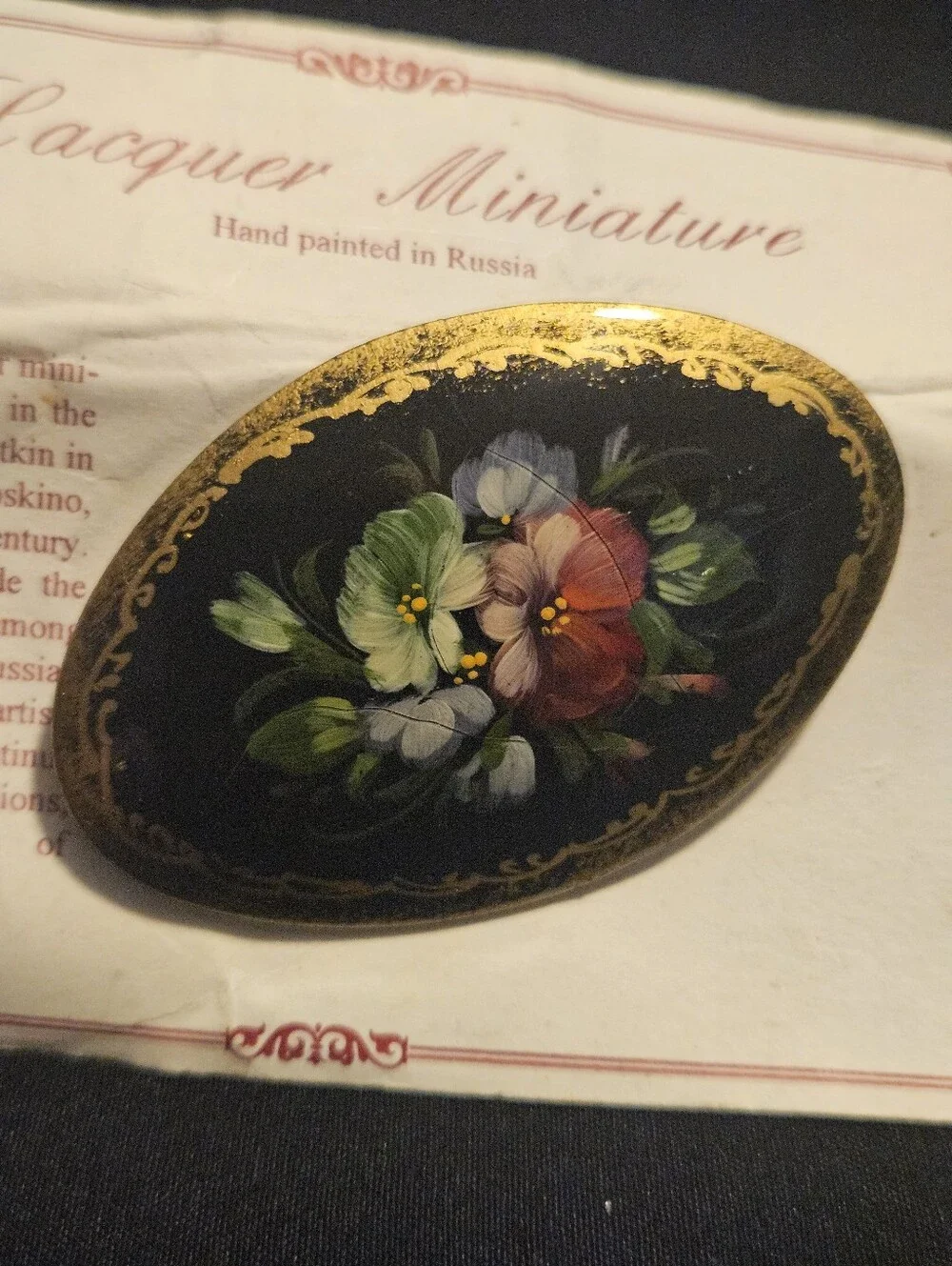 Vintage Fedoskino Russian Lacquer Brooch Pin Hand Painted Floral Pansies
